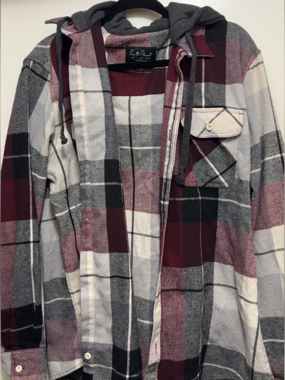 Free Planet Hooded Plaid Flannel Jacket - Burgundy & Gray